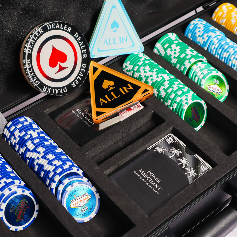 vegas nevada poker set, colorful poker chips, Poker cards, Dealer button and Poker case