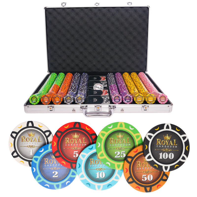 royal cardroom 1000 poker set cash game, colorful poker chips, poker cards, dealer button and poker case