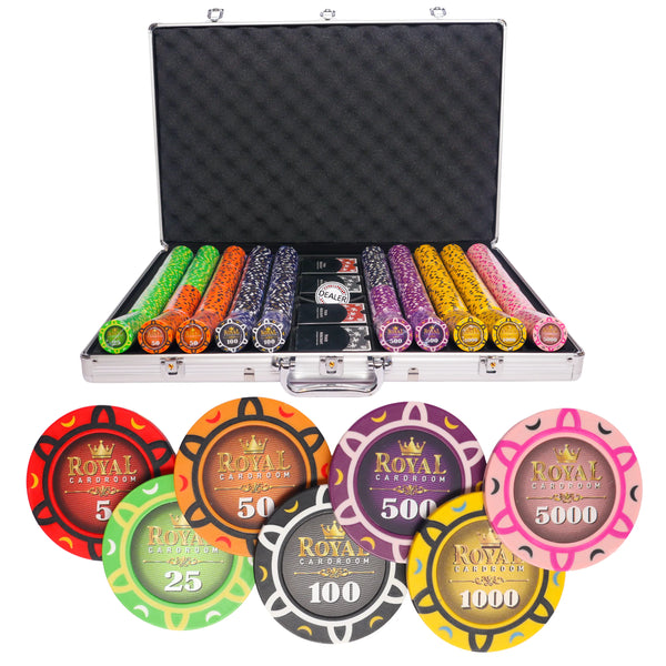 royal cardroom 1000 poker set, poker chips, poker cards, dealer button and poker case