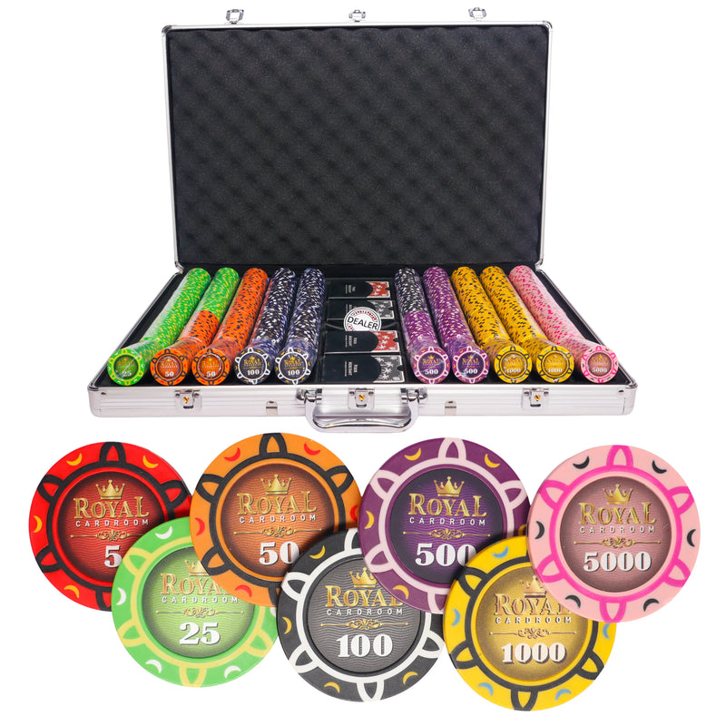 royal cardroom 1000 poker set, poker chips, poker cards, dealer button and poker case
