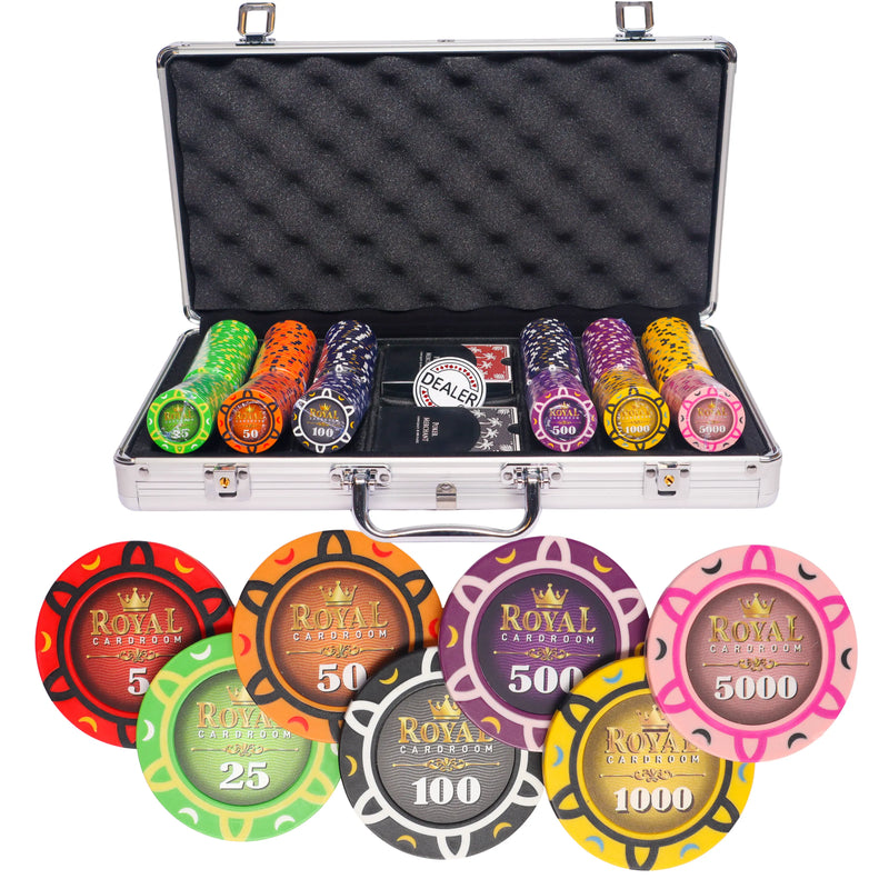royal cardroom 300 poker set, poker chips, poker cards, dealer button and poker case