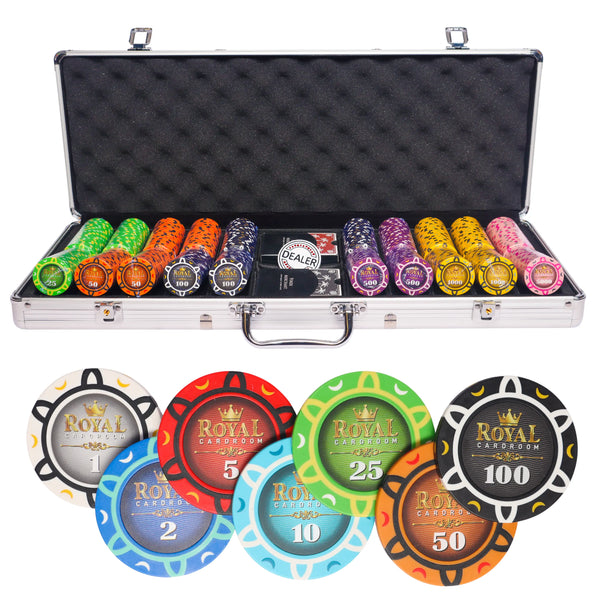 royal cardroom 500 poker set cash game, poker chips, poker cards, dealer button and poker case