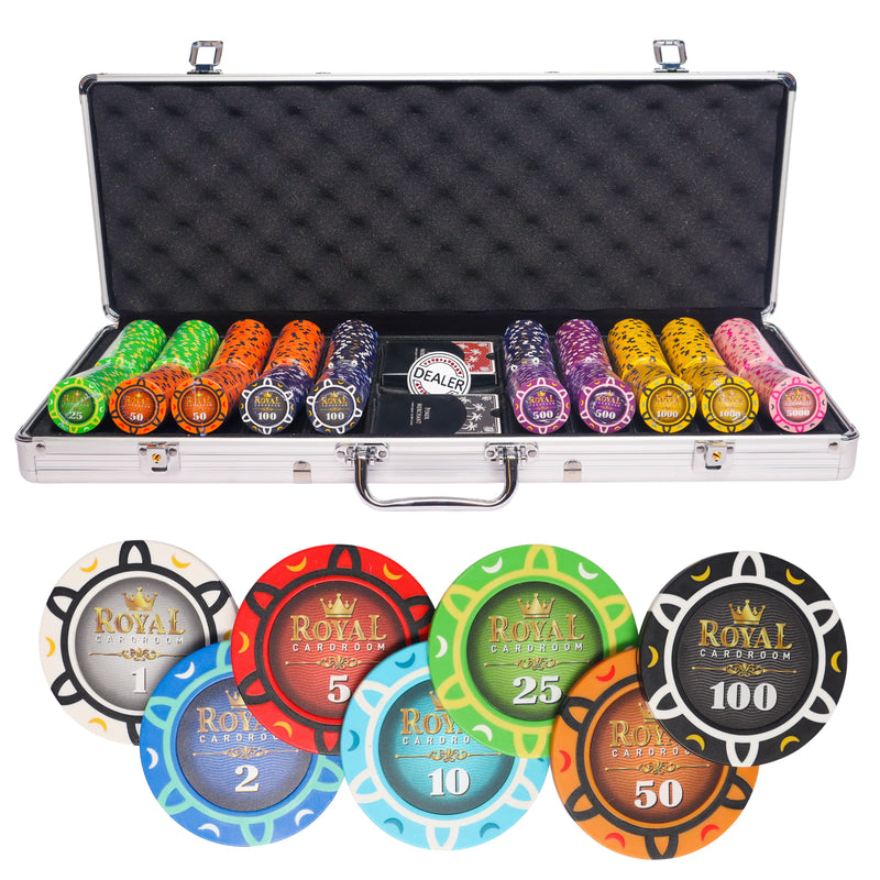 royal cardroom 500 poker set cash game, poker chips, poker cards, dealer button and poker case