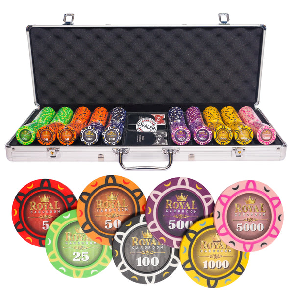 royal cardroom 500 poker set, poker chips, poker cards, dealer button and poker case