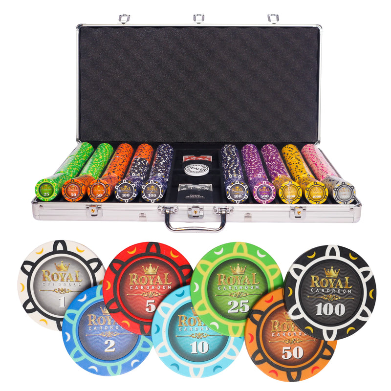 royal cardroom 750 poker set cash game, colorful poker chips, poker cards, dealer button and poker case
