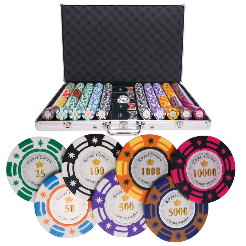 royal crown 1000 poker set, poker chips, poker cards, dealer button and poker case