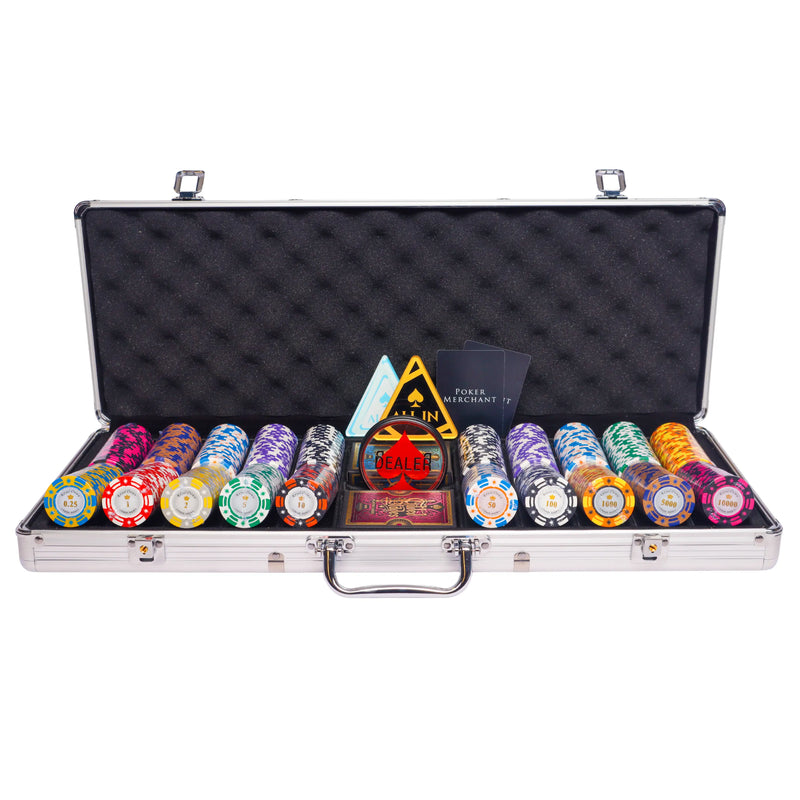 royal crown 500 poker set, colorful poker chips, Poker cards, Dealer button and Poker case