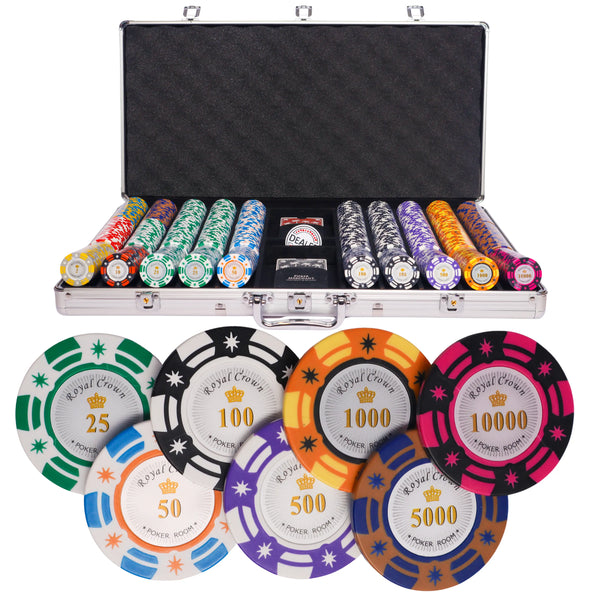 royal crown 750 poker set, poker chips, poker cards, dealer button and poker case