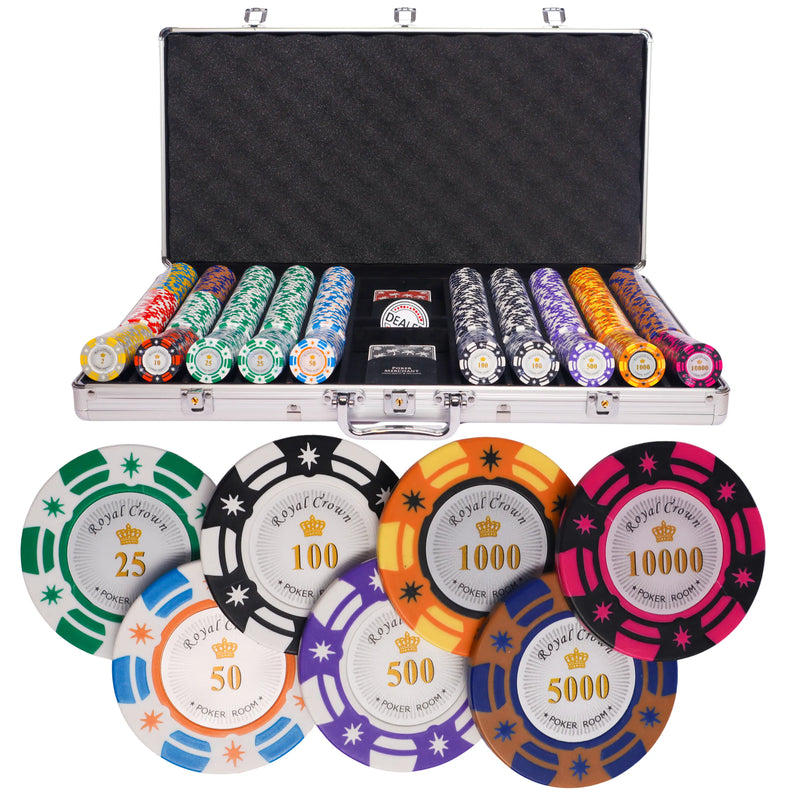 royal crown 750 poker set, poker chips, poker cards, dealer button and poker case
