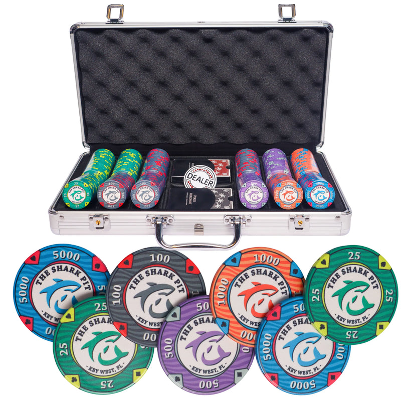 shark pit 300 poker set, poker chips, poker cards, dealer button and poker case