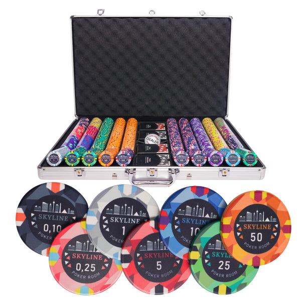skyline 1000 poker set cash, colorful poker chips, poker cards, dealer button and poker case