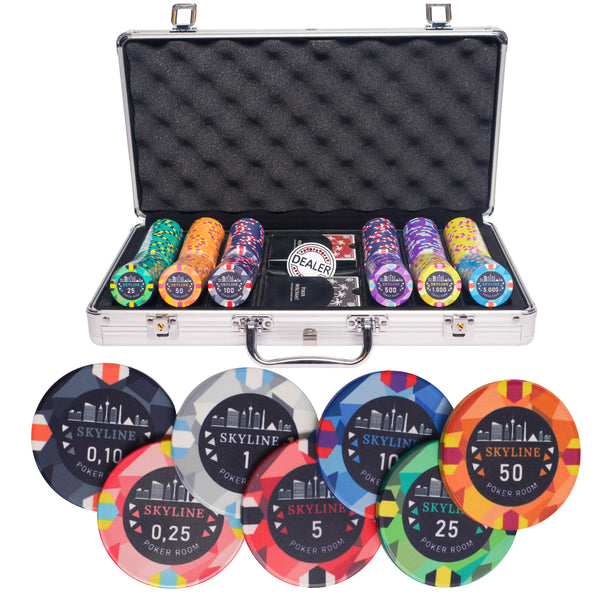 skyline 300 poker set cash, colorful poker chips, poker cards, dealer button and poker case