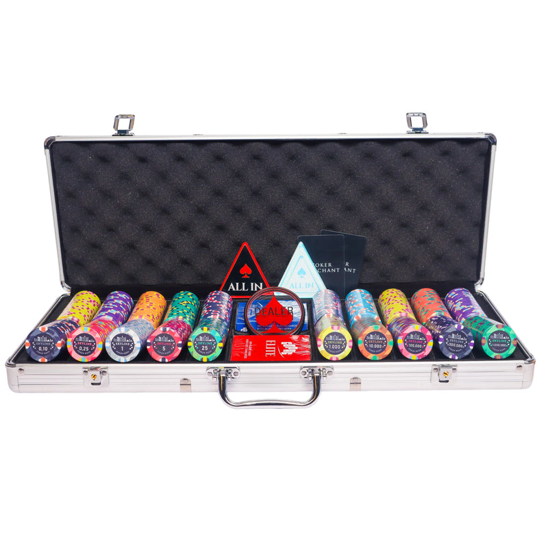 skyline 500 poker set, colorful poker chips, Poker cards, Dealer button and Poker case