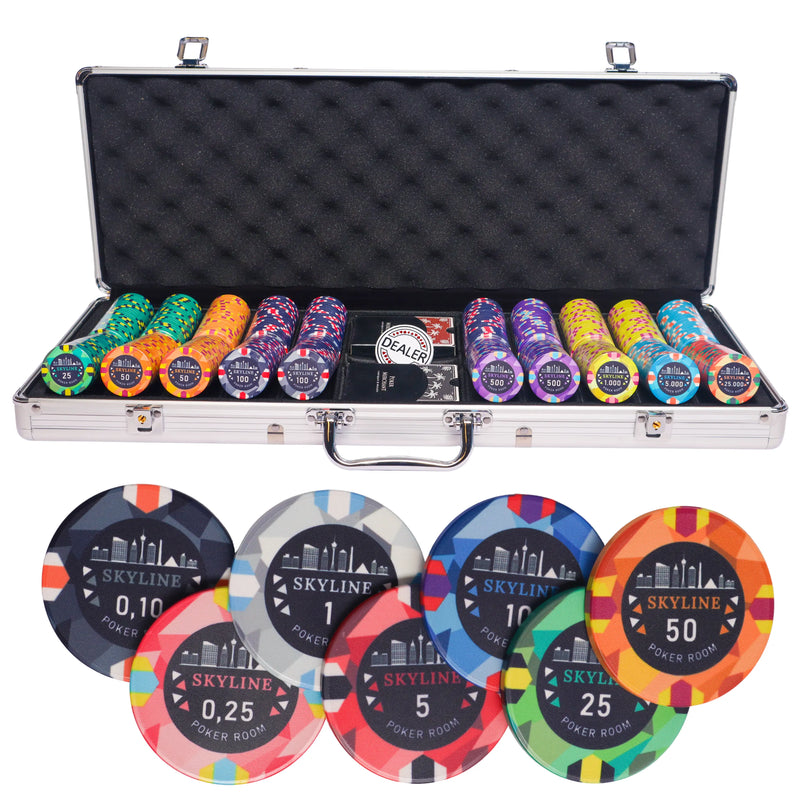 skyline 500 poker set cash, colorful poker chips, poker cards, dealer button and poker case