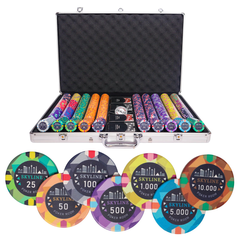 skyline poker set 1000, colorful poker chips, Poker cards, Dealer button and Poker case