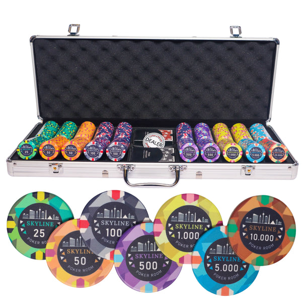 skyline poker set 500, colorful poker chips, Poker cards, Dealer button and Poker case