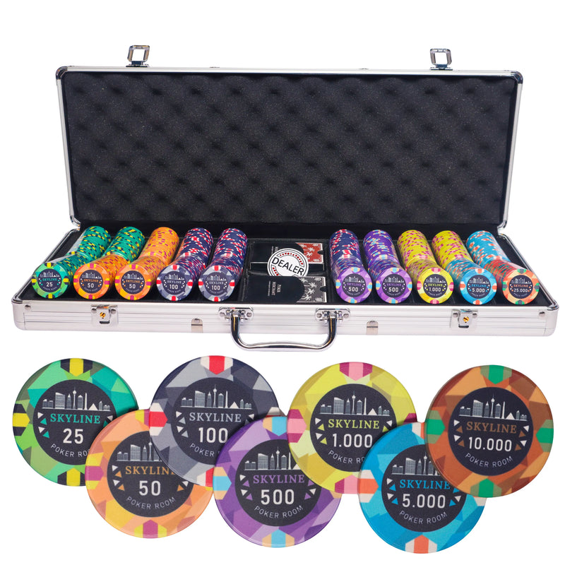 skyline poker set 500, colorful poker chips, Poker cards, Dealer button and Poker case