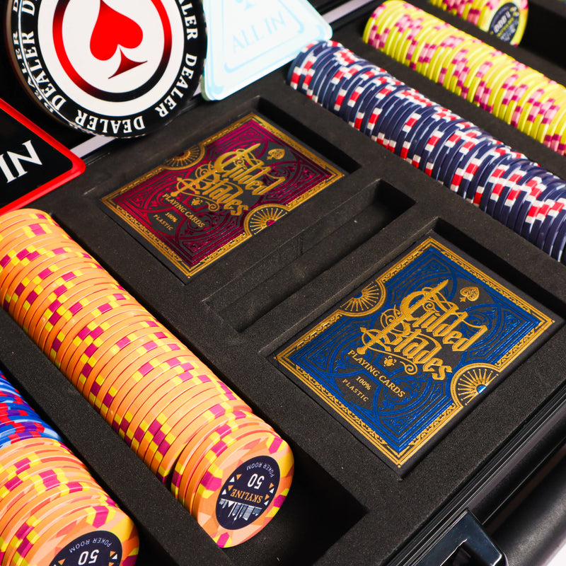 skyline poker set, dealer button and plastic gilded blades playing cards