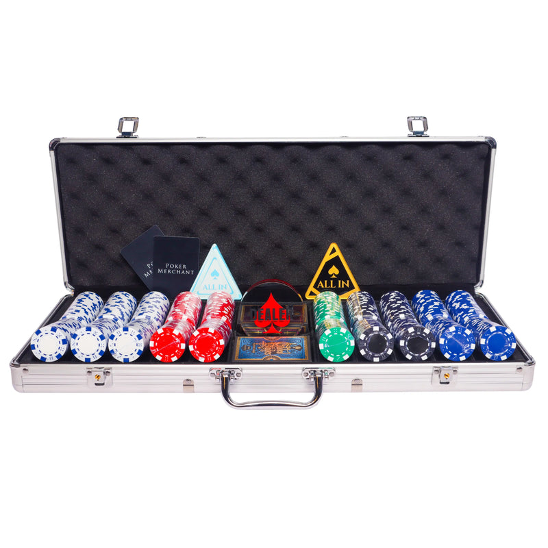 the dice 500 poker set, colorful poker chips, poker cards, dealer button and poker case