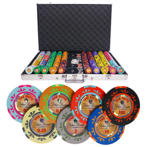 the nuts 1000 poker set cash, colorful poker chips, poker cards, dealer button and poker case
