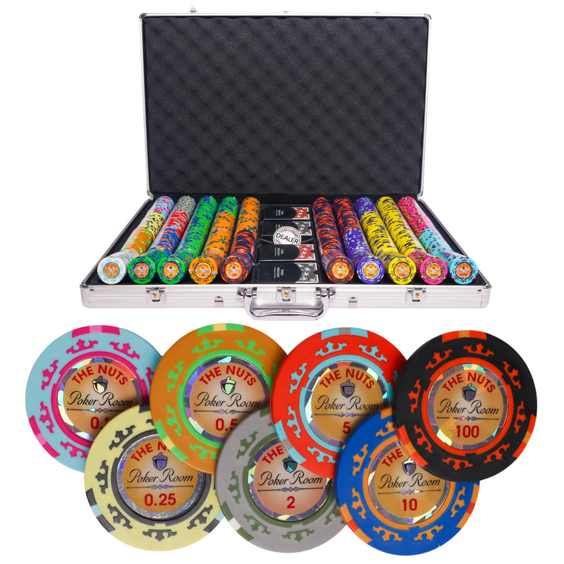 the nuts 1000 poker set cash, colorful poker chips, poker cards, dealer button and poker case