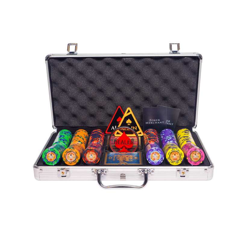 the nuts 300 poker set, colorful poker chips, Poker cards, Dealer button and Poker case