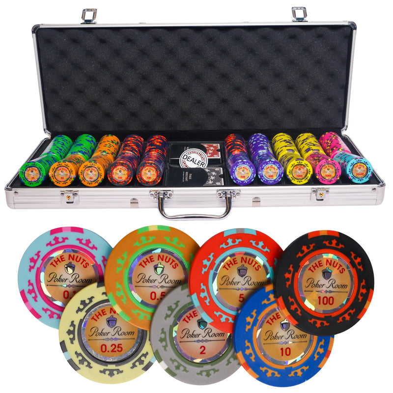 the nuts 500 poker set, colorful poker chips, poker cards, dealer button and poker case
