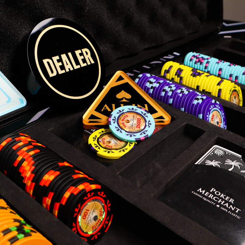 the nuts poker chips in poker set with all in button and dealer button