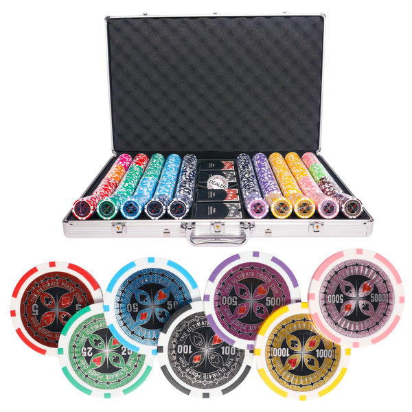 ultimate 1000 poker set, colorful poker chips, poker cards, dealer button and poker case