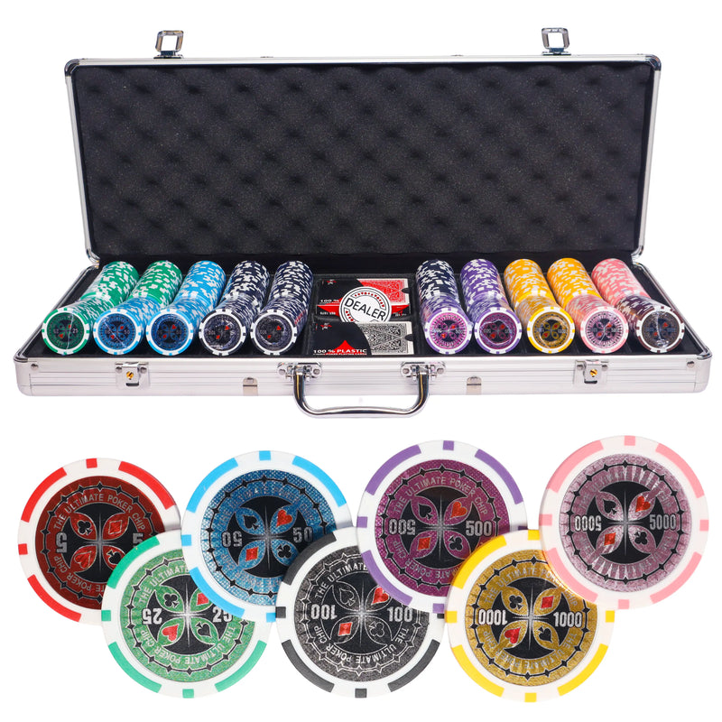 ultimate 500 poker set, colorful poker chips, poker cards, dealer button and poker case