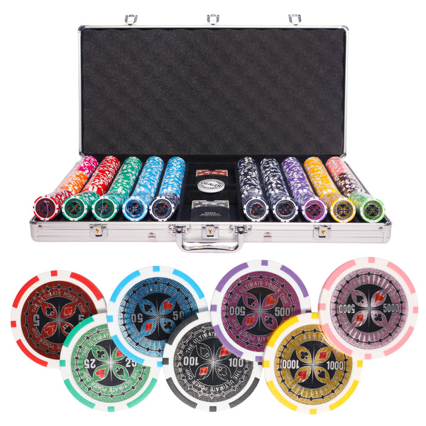 ultimate 750 poker set, colorful poker chips, poker cards, dealer button and poker case 