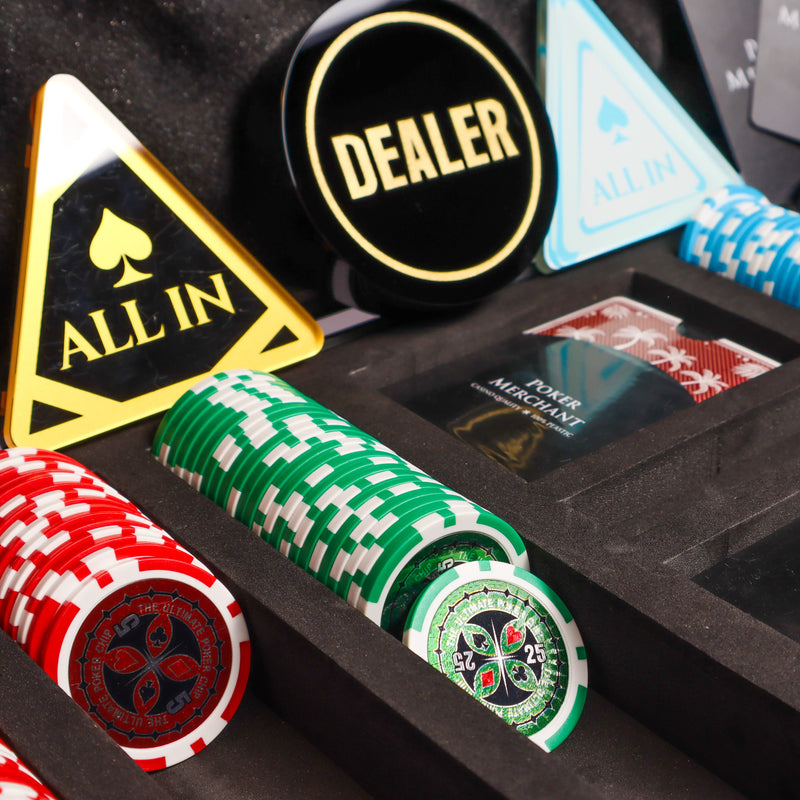 ultimate poker chips, dealer/all in button, poker cards and poker case