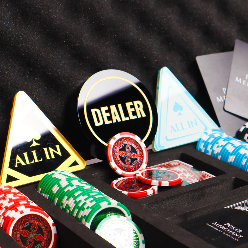 ultimate poker chip poker case, dealer/all in button and poker cards