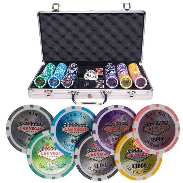 vegas nevada 300 poker set, colorful poker chips, poker cards, dealer button and poker case
