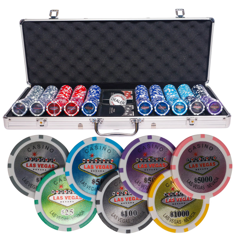 vegas nevada 500 poker set, colorful poker chips, poker cards, dealer button and poker case