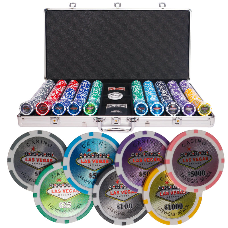 vegas nevada 750 poker set, poker chips, poker cards, dealer button and poker case