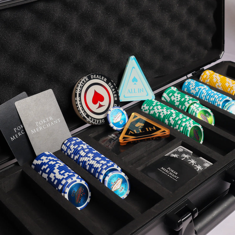vegas nevada poker set, colorful poker chips, Poker cards, Dealer button and Poker case