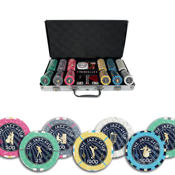 300 Carousel Wood Luxury Custom Poker Chip Set - 6 Stripe Chips